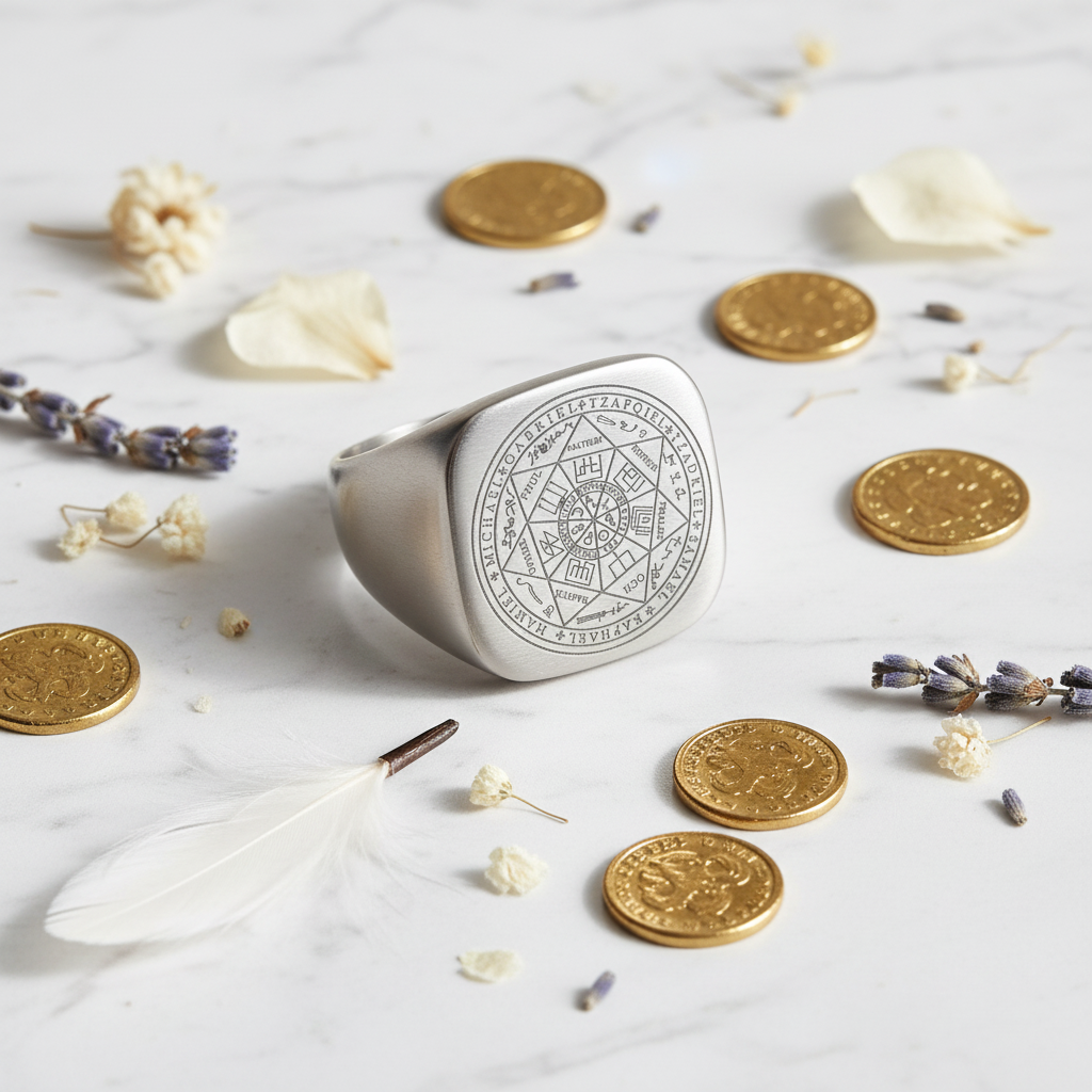Anello sigillo 7 arcangeli - flat lay marmo