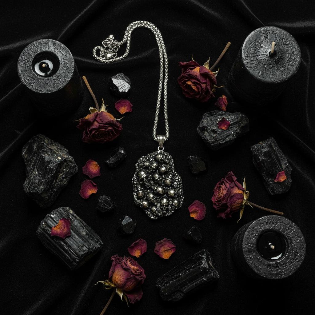 Collana Teschi Multipli flat lay gotico