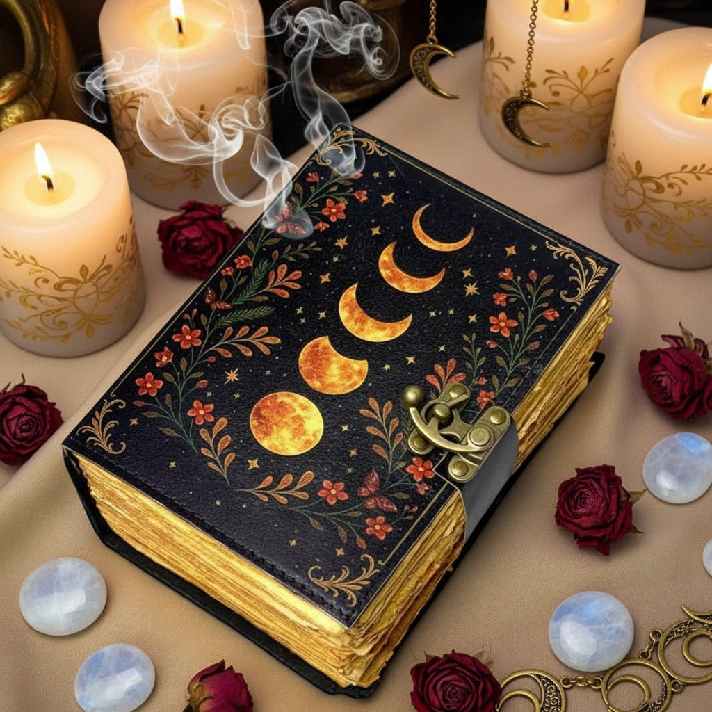 Grimorio Moon Phase - altare lunare con candele bianche e oro