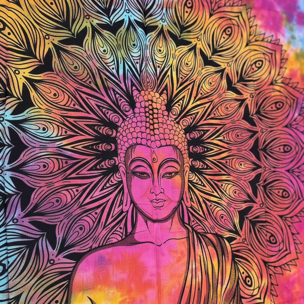 Dettaglio mandala pavone telo Buddha tie-dye