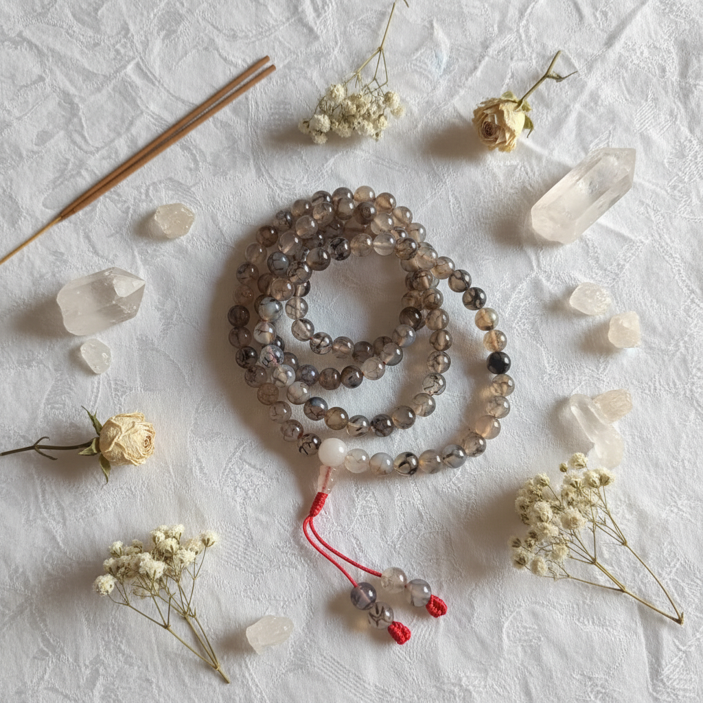 Japamala agata vena di drago - composizione fiori e cristalli