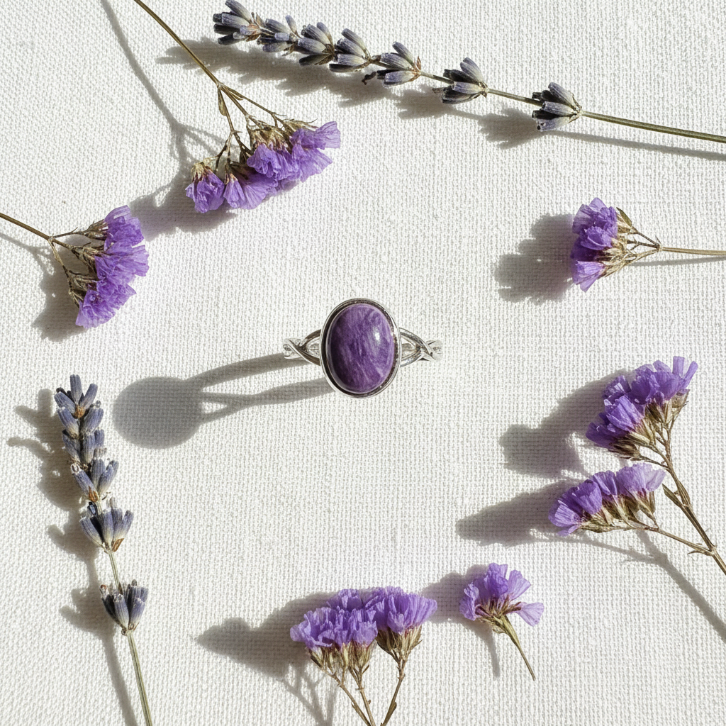 Anello charoite flat lay con lavanda