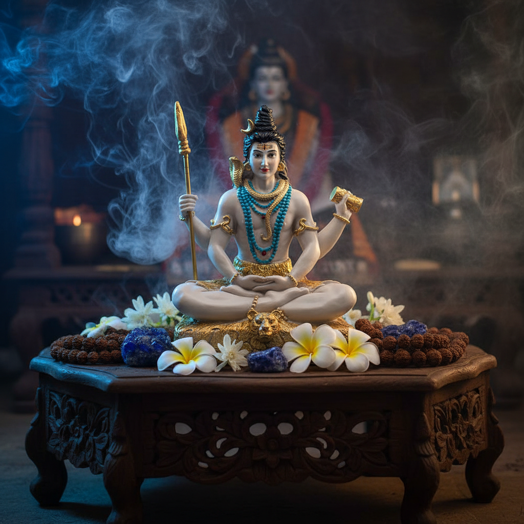 Statua Shiva su altare sacro con cristalli blu e incenso