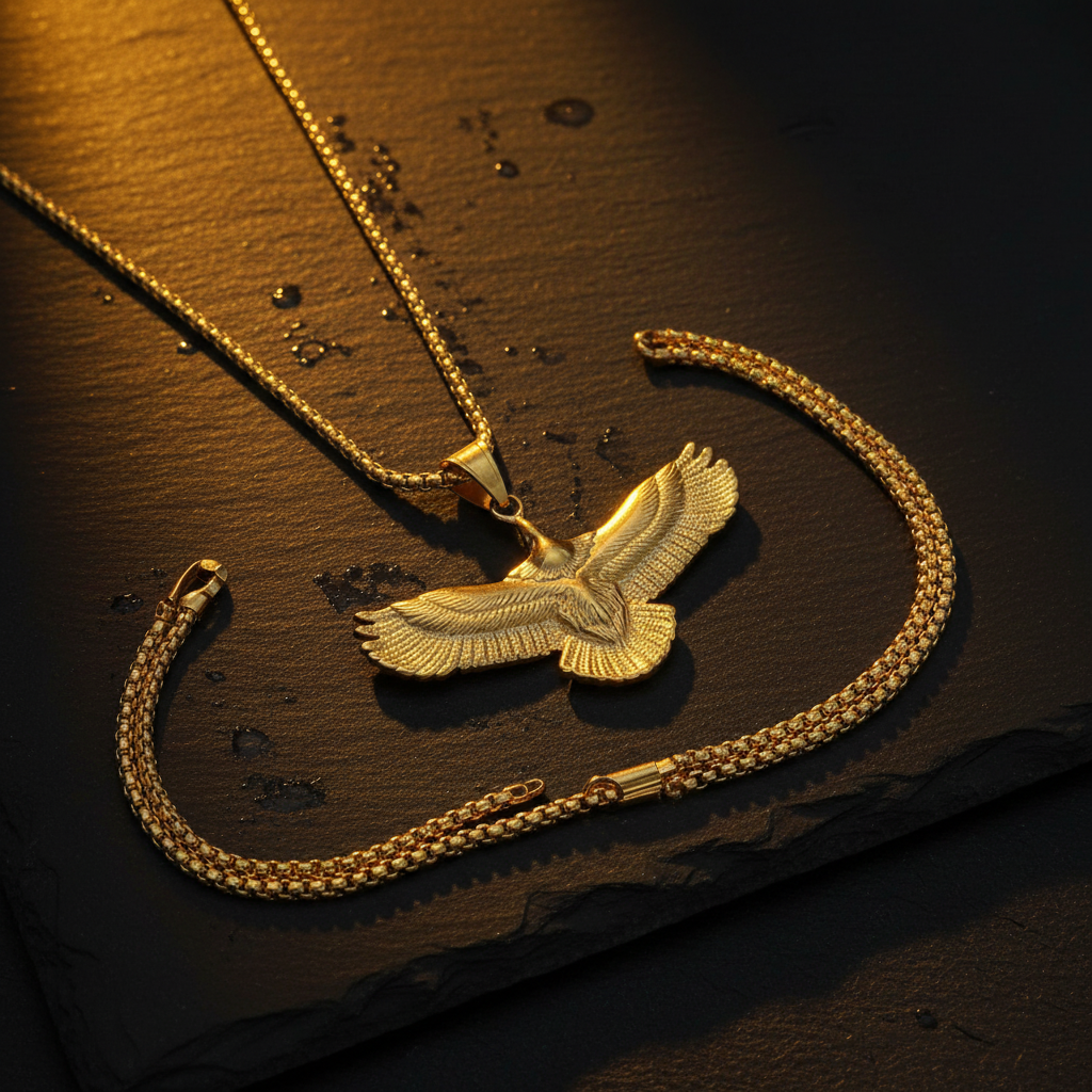 Collana aquila in volo gold flatlay su ardesia nera