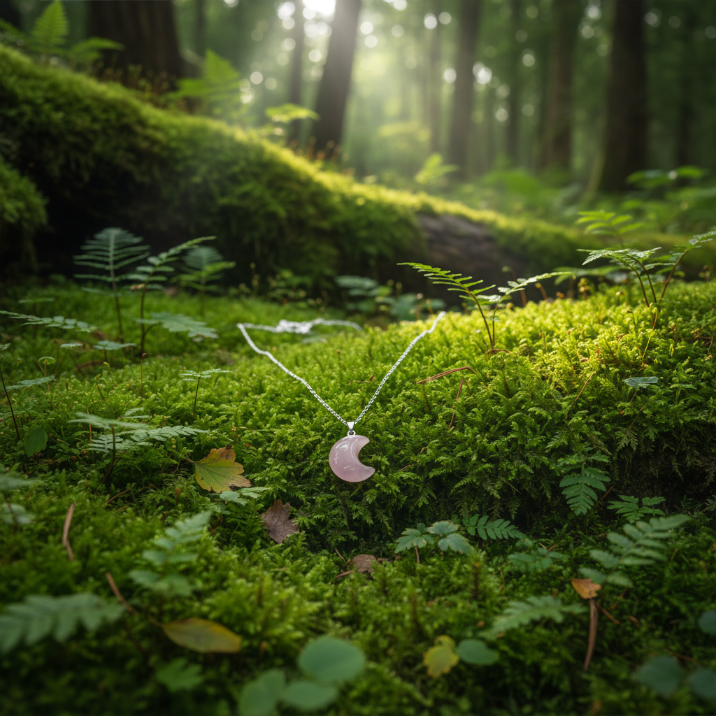 Collana Luna Quarzo Rosa - sfondo bosco