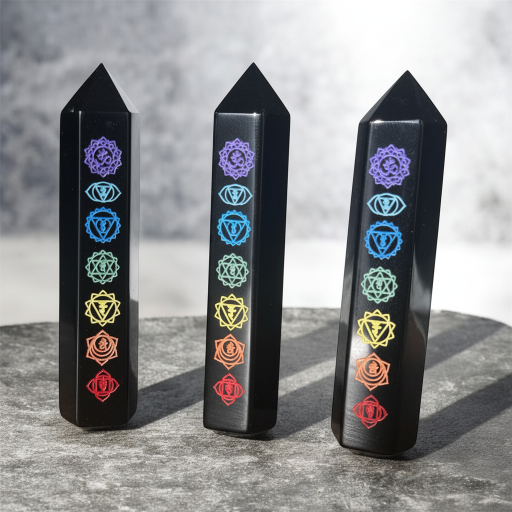Torri di ossidiana nera con 7 chakra incisi su sfondo cemento grigio con luce laterale