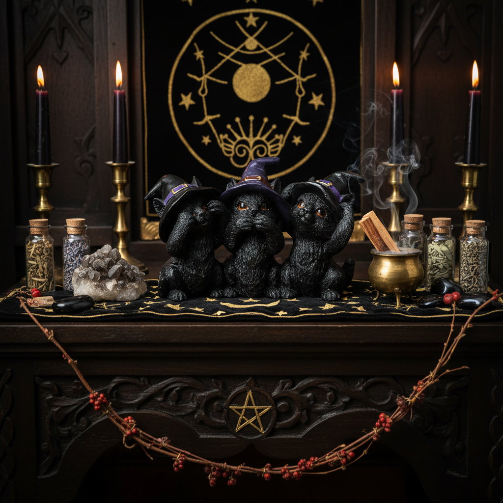 Trio gatti Wicca su altare mistico con candele e cristalli