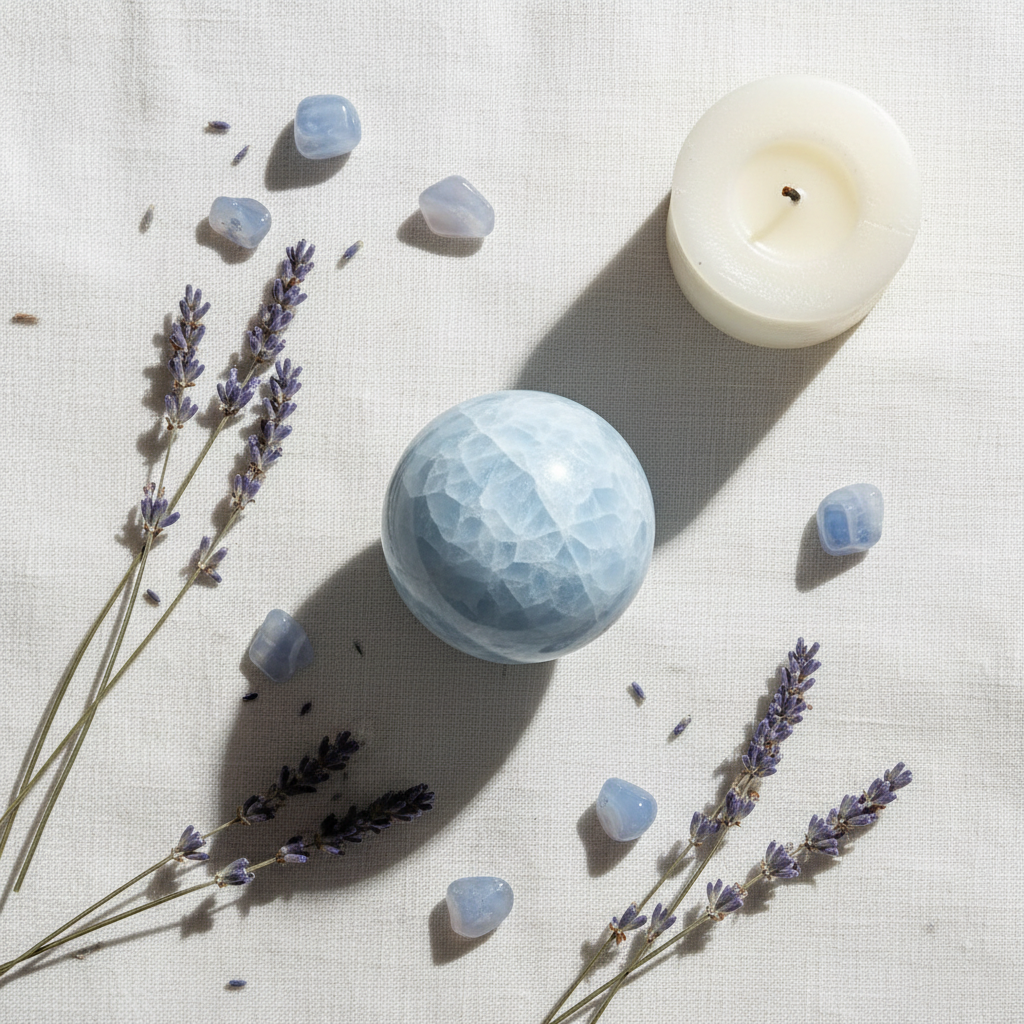 Sfera Calcite Blu flat lay lino con lavanda e candela