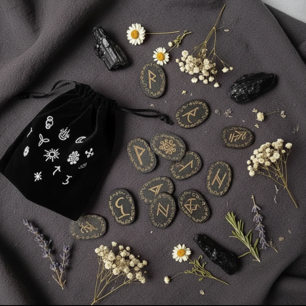 Witch Runes con fiori bianchi, tormalina nera e pergamena su lino scuro