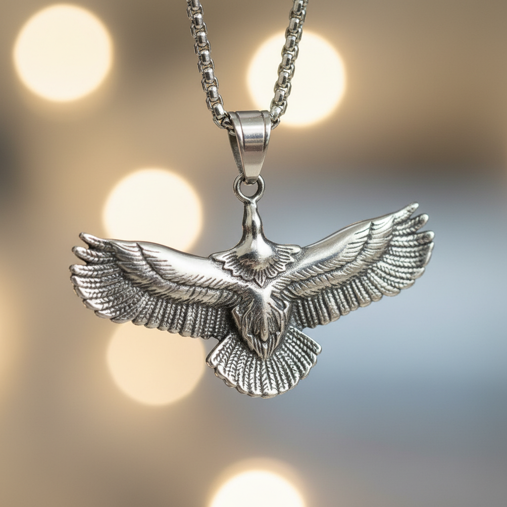 Collana aquila in volo silver macro close-up piume