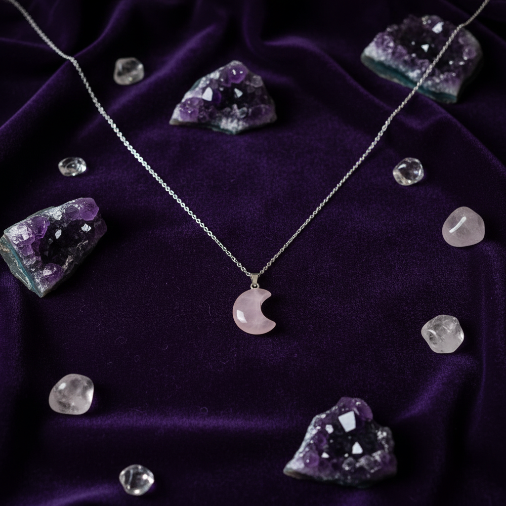 Collana Luna Quarzo Rosa - sfondo cristalli e ametiste