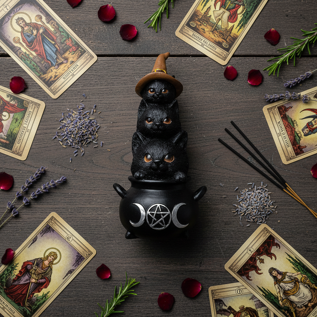 Gatto Wicca resina flat lay con tarocchi ed erbe