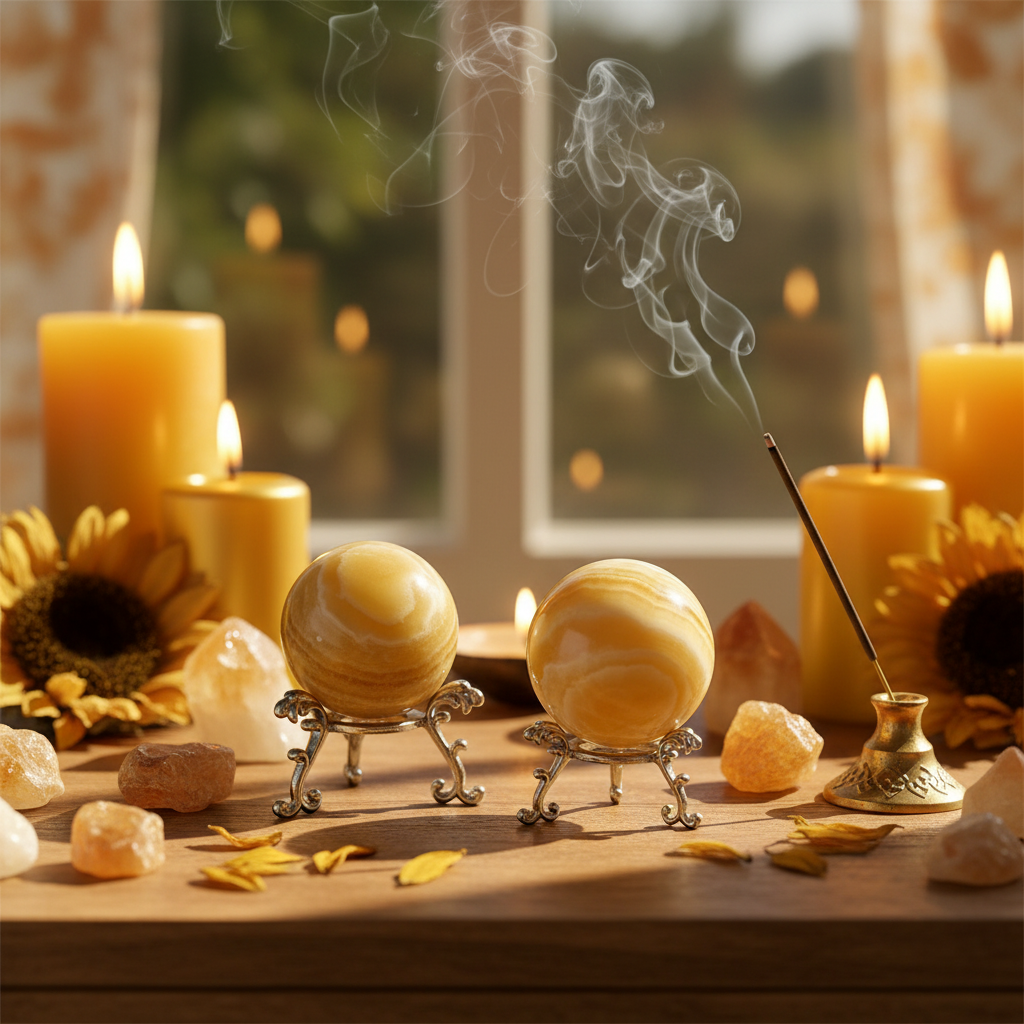 Sfere Calcite Gialla - altare solare con candele gialle e girasoli