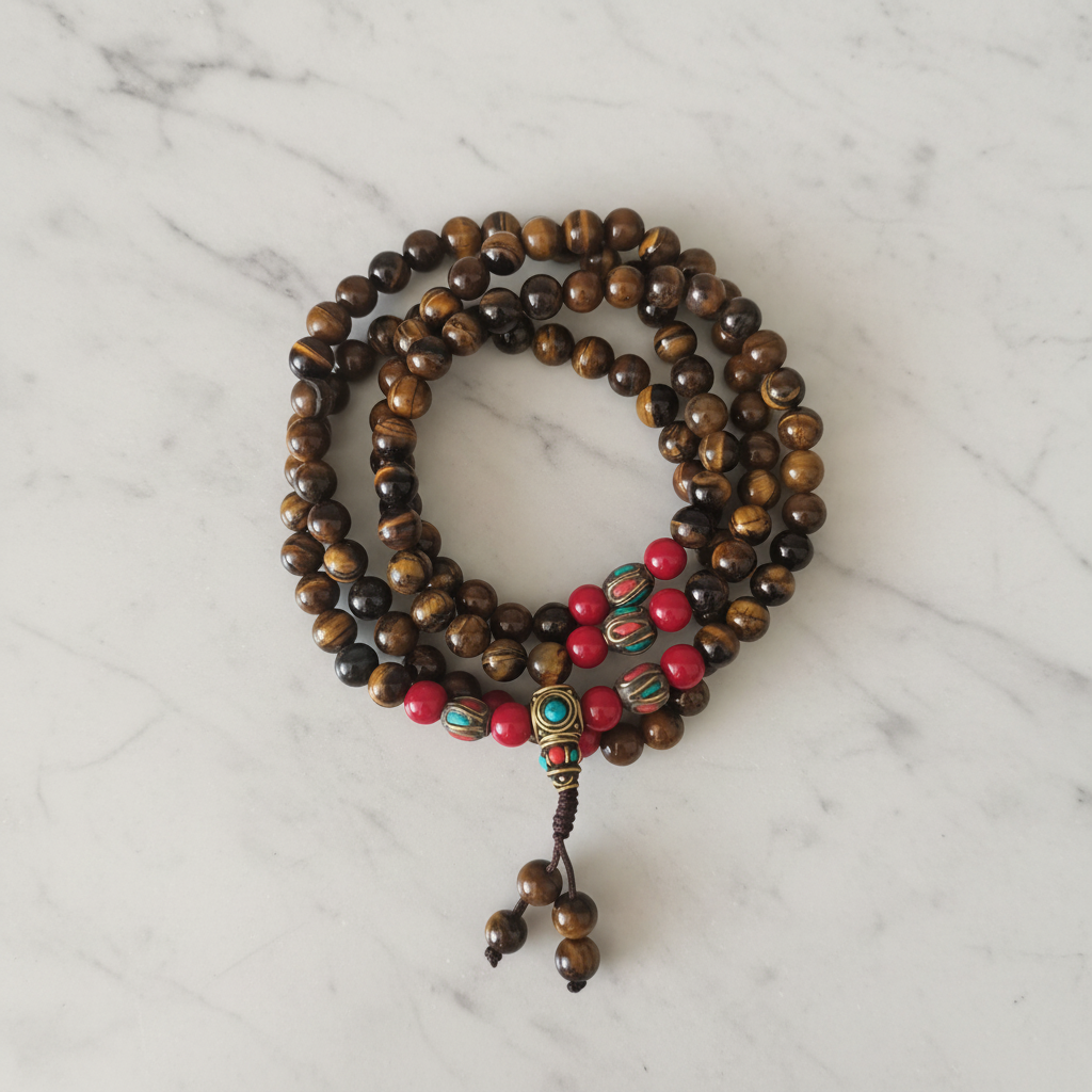Japamala occhio di tigre separatori tibetani - flatlay su marmo