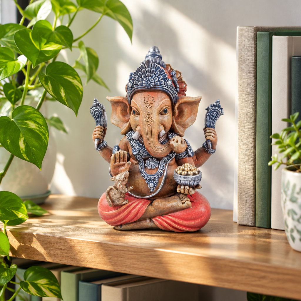 Statua di Ganesh in resina su mensola con piante e luce naturale