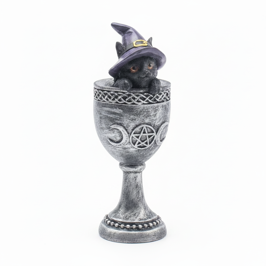 Statuina gatto Wicca con cappello viola nel calice su sfondo bianco