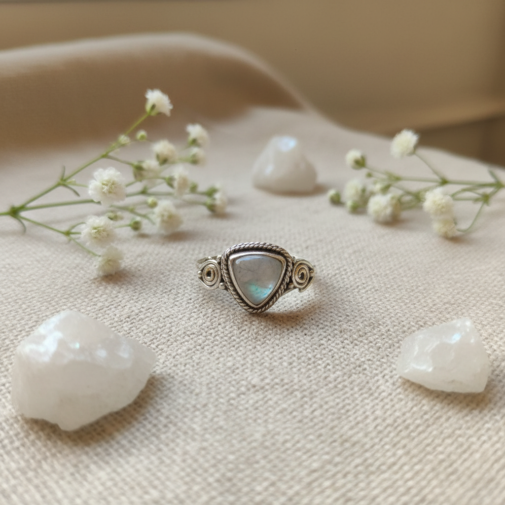 Anello labradorite bianca argento con fiori e cristalli