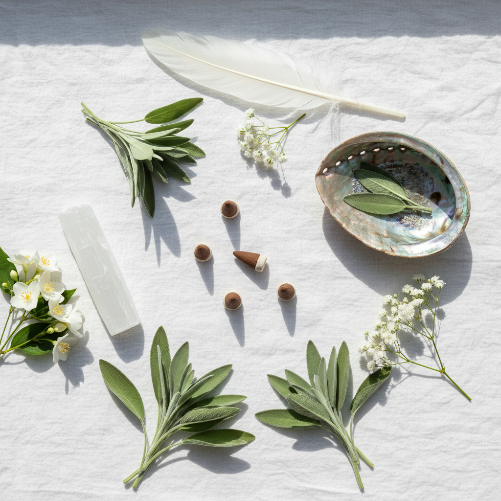 Coni White Sage - flatlay bianco selenite conchiglia e piuma