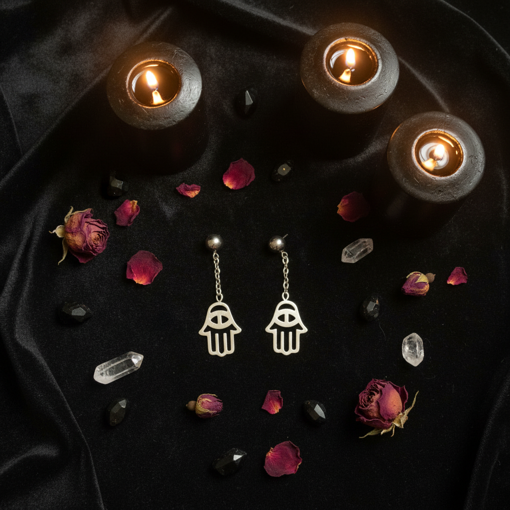 Orecchini Mano di Fatima flat lay velluto nero