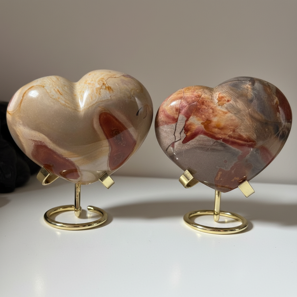 Due cuori in Diaspro Oceano su supporti dorati affiancati
