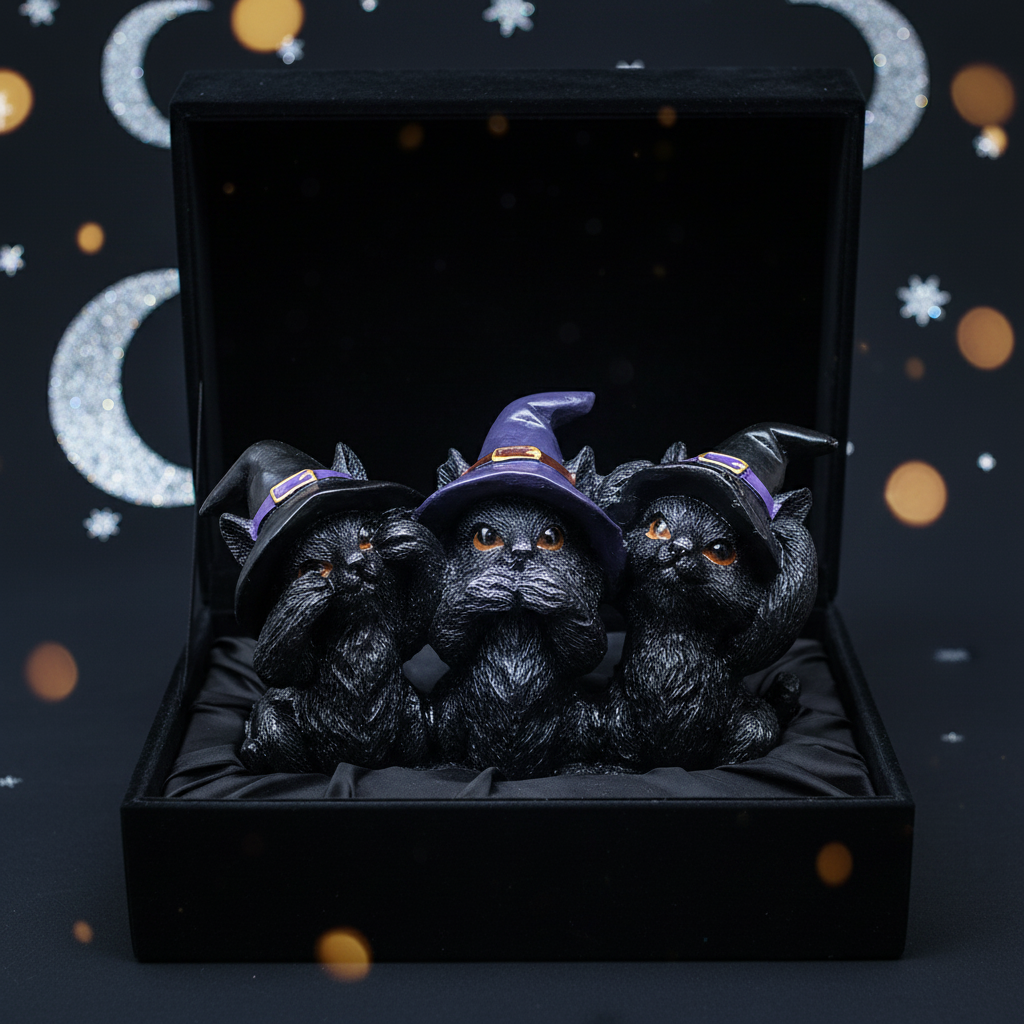 Trio gatti Wicca presentazione gift set sfondo lunare