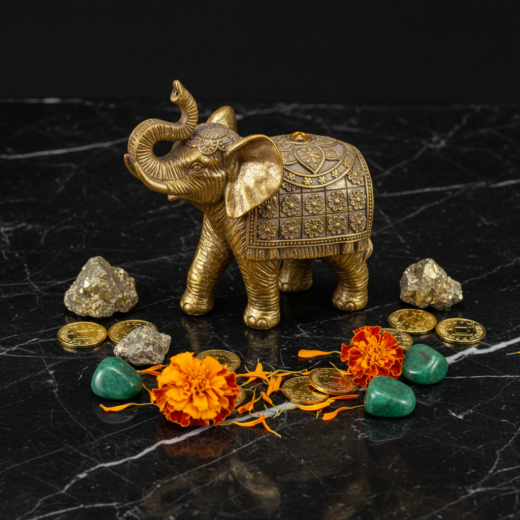 Elefante dorato su marmo nero con monete pirite e calendula