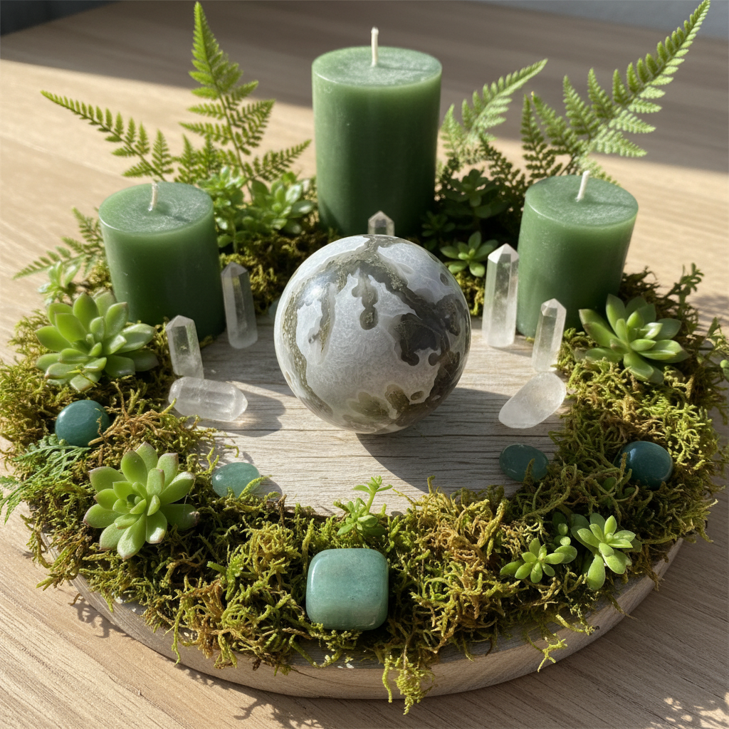 Sfera Agata Muschiata lifestyle natura con piante e candele verdi