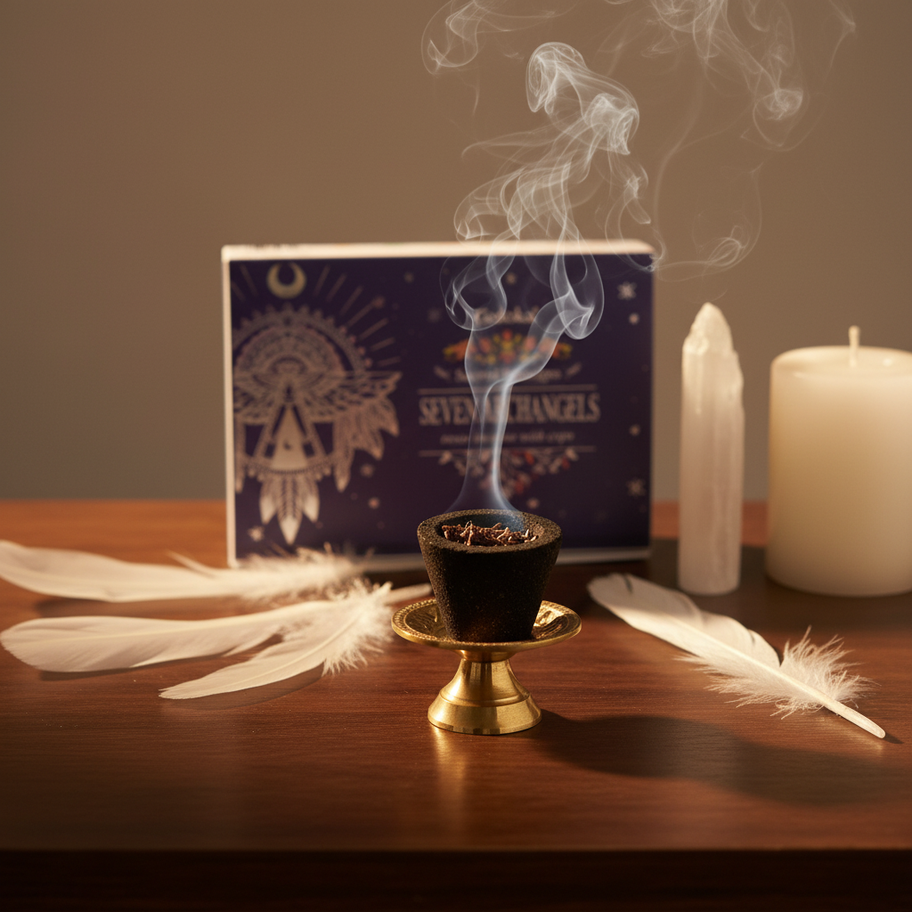 Coppetta Seven Archangels accesa con fumo bianco selenite e candela