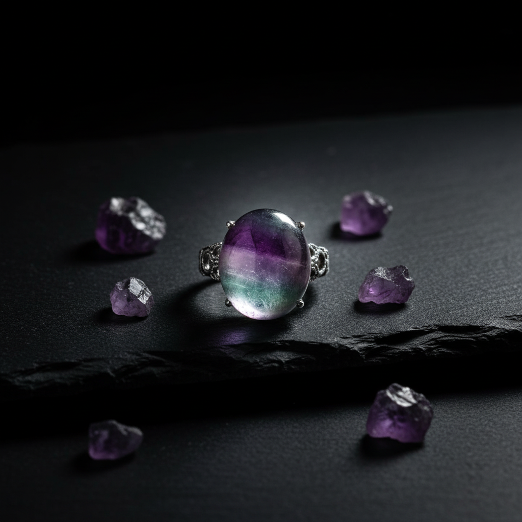 Anello fluorite arcobaleno su ardesia scura con cristalli