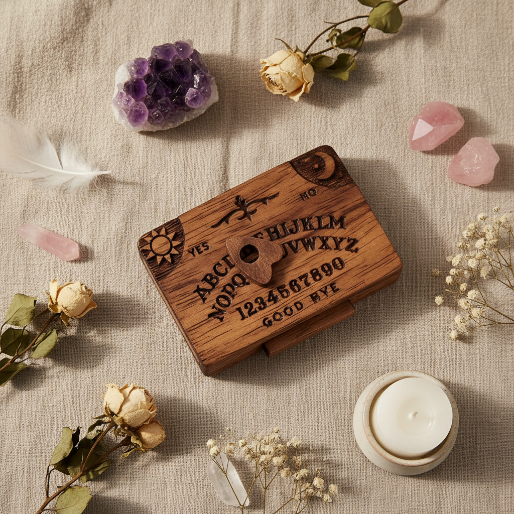 Mini Spirit Board - flatlay lino con cristalli e fiori