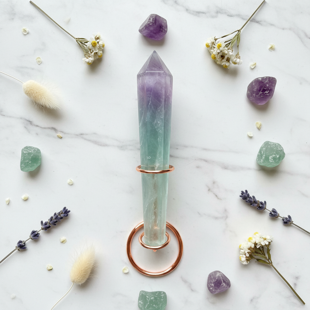 Torre di Fluorite con Base in Rame - flatlay su marmo