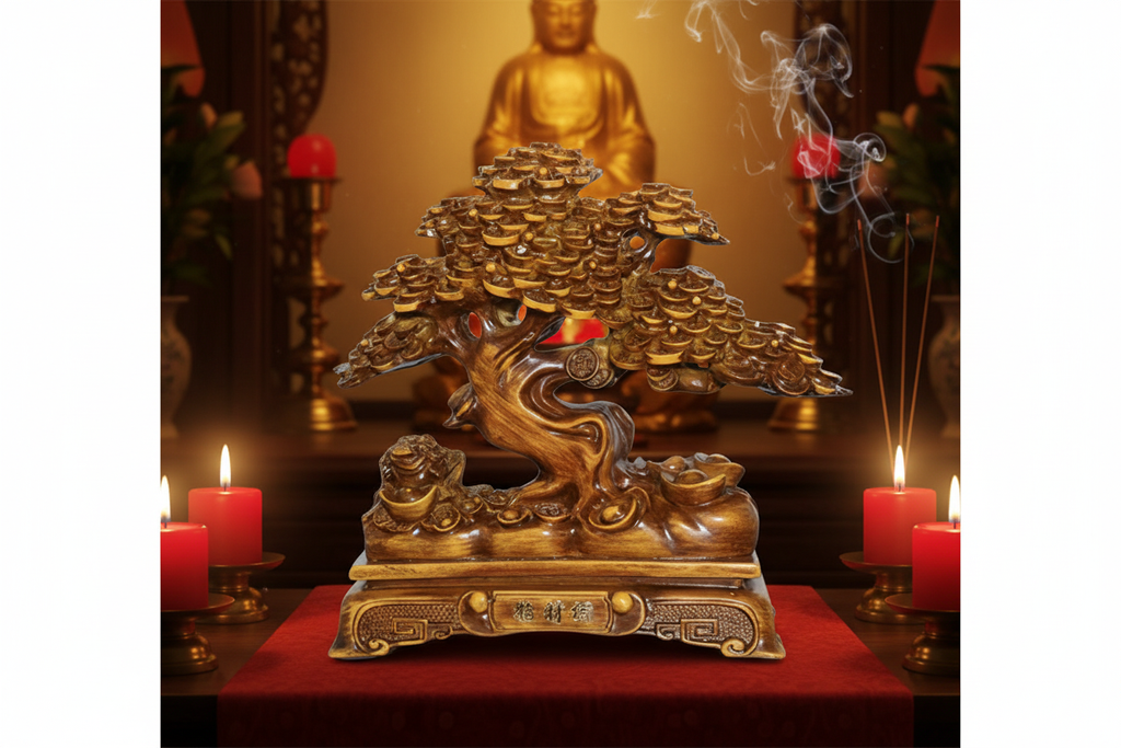 Albero della prosperità su altare sacro con candele