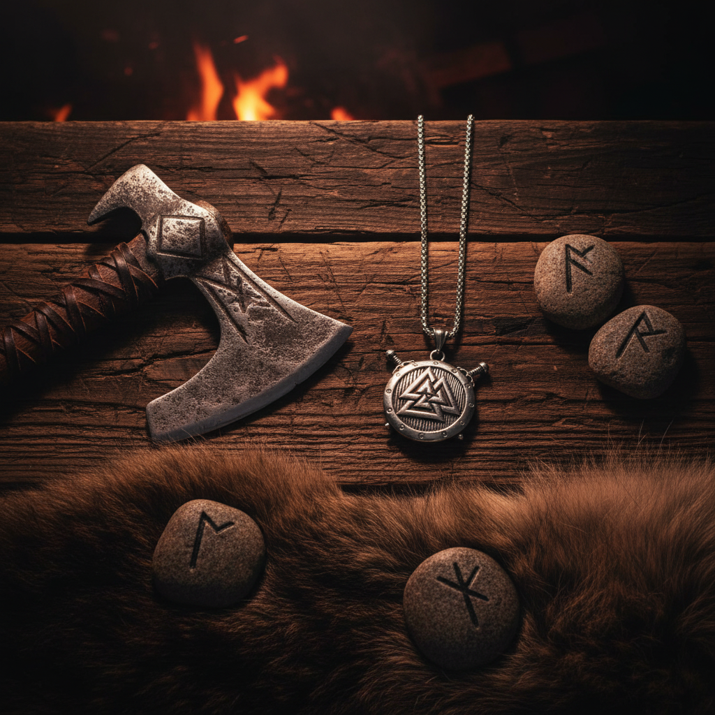 Collana Valknut Vichingo - legno scuro con rune e pelliccia