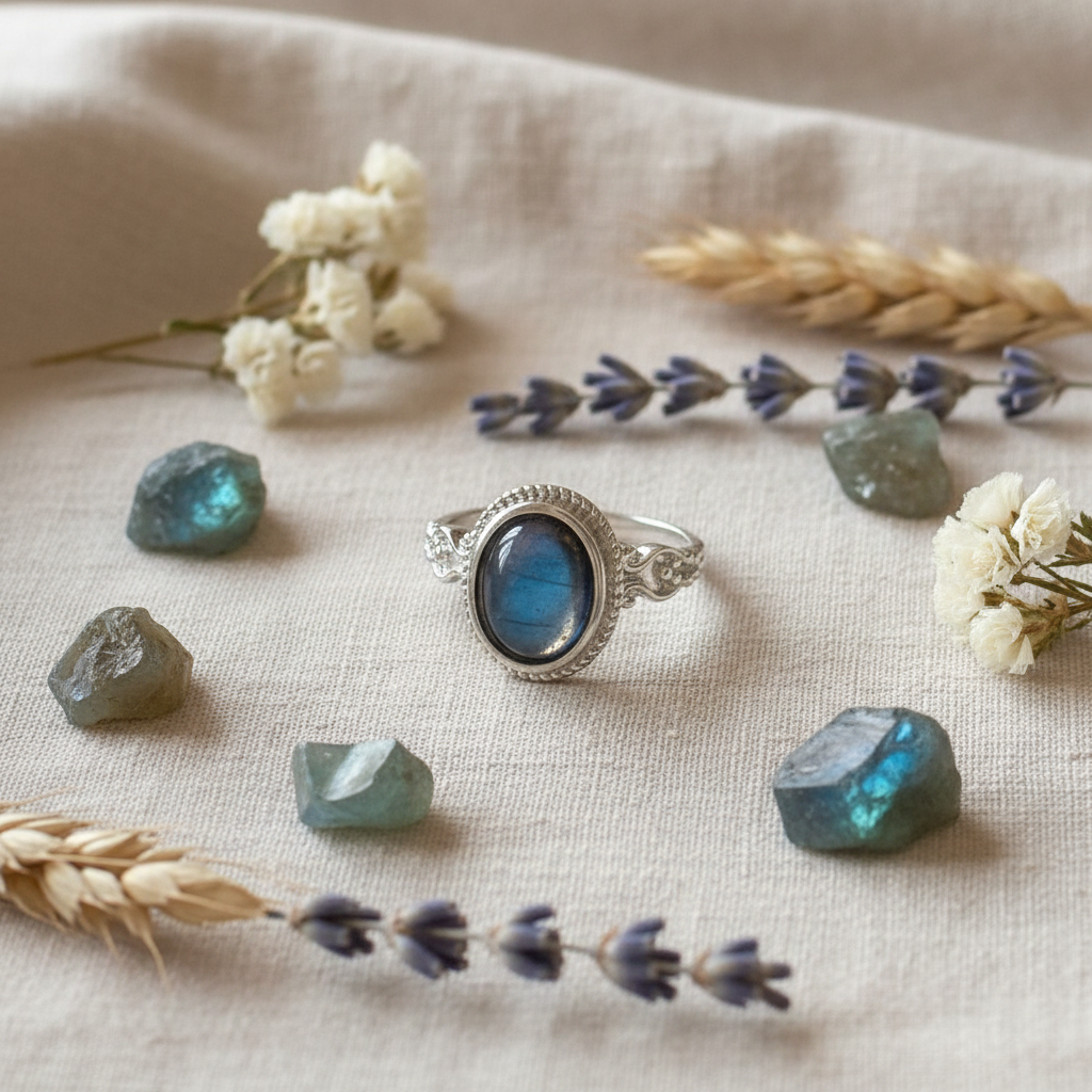 Anello labradorite composizione fiori