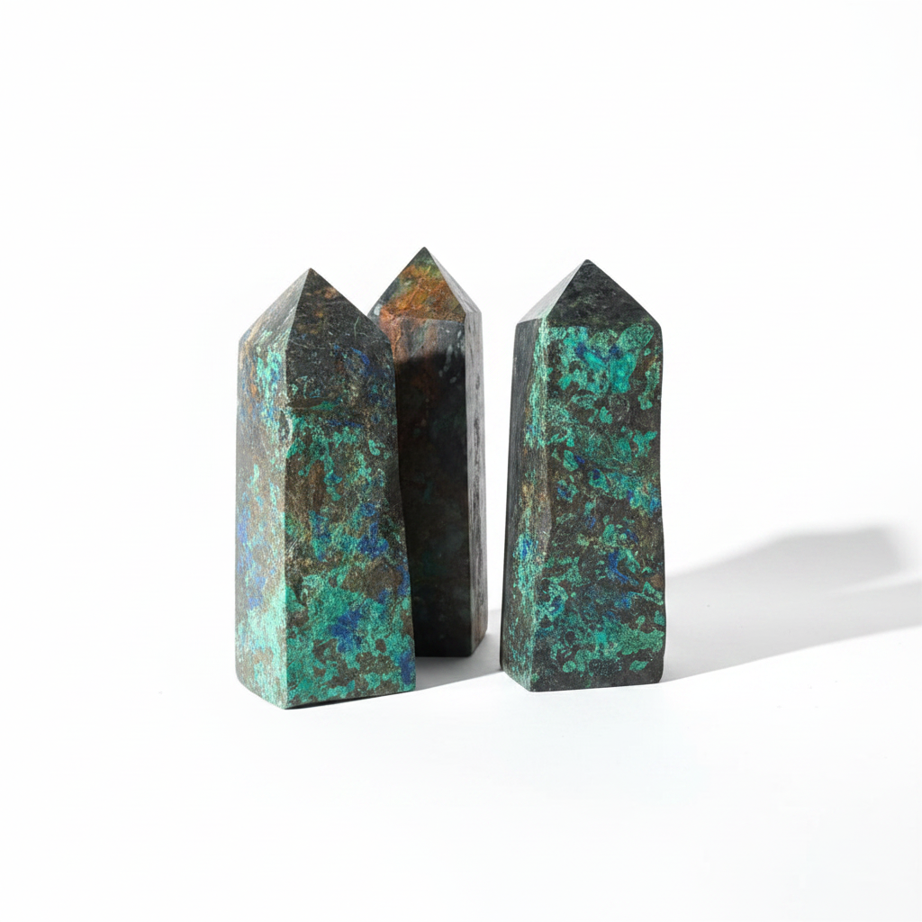 Torri grandi di azzurrite e malachite su sfondo bianco studio