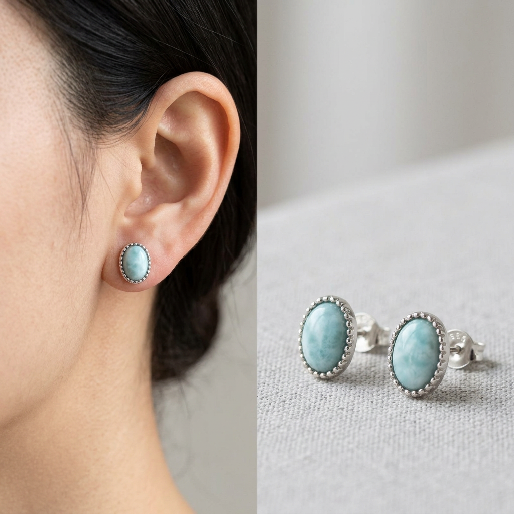 Orecchino in larimar indossato sul lobo