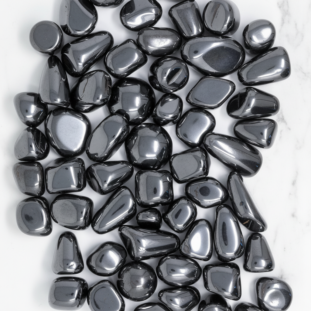 Ematite tumbled flatlay su marmo