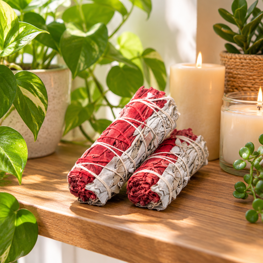 Torce di salvia su mensola con piante e candele