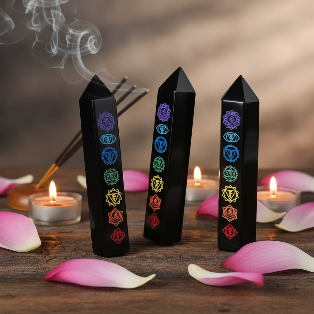 Torri di ossidiana nera con 7 chakra incisi su legno con incenso petali e candele