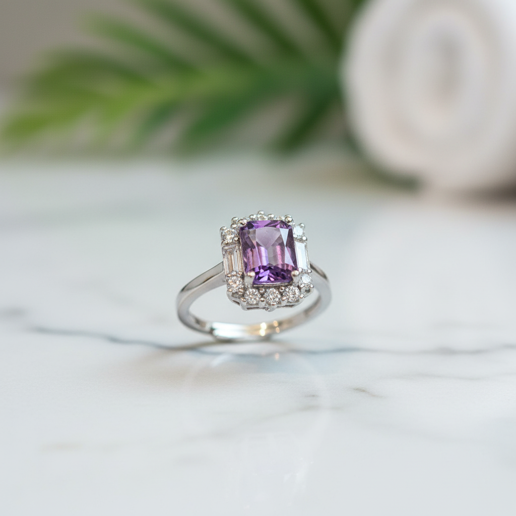 Anello ametista quadrato su marmo bianco