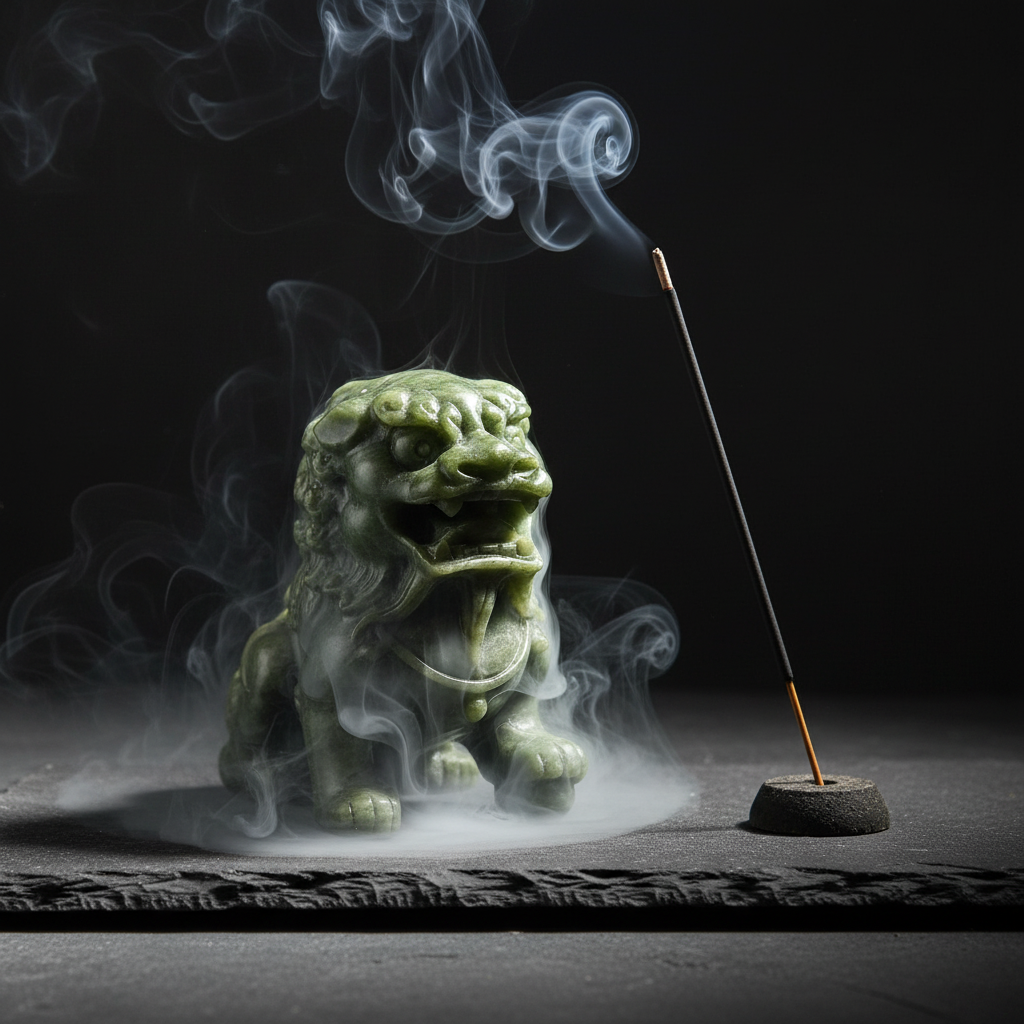 Leone Guardiano in Giada Verde - incenso con fumo