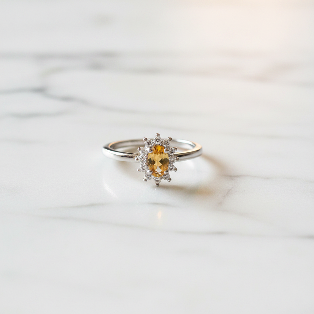 Anello citrino zirconi flatlay marmo