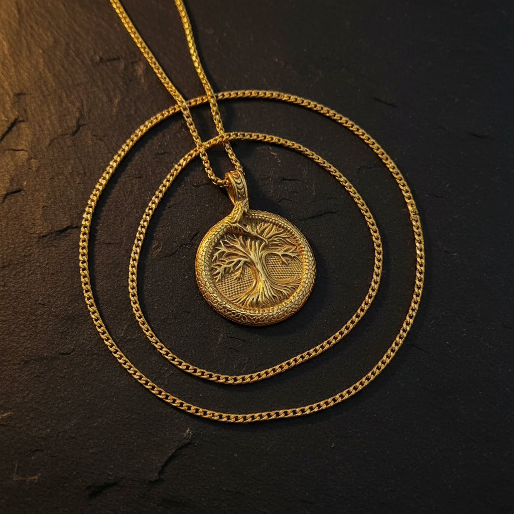 Collana Albero della Vita Ouroboros gold flatlay su ardesia