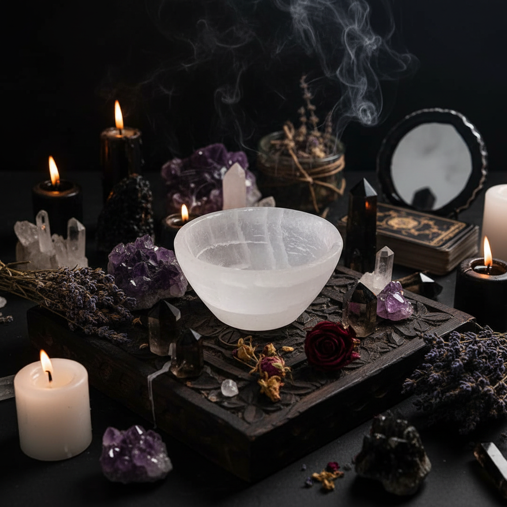 Ciotola di selenite su altare mistico con candele e cristalli