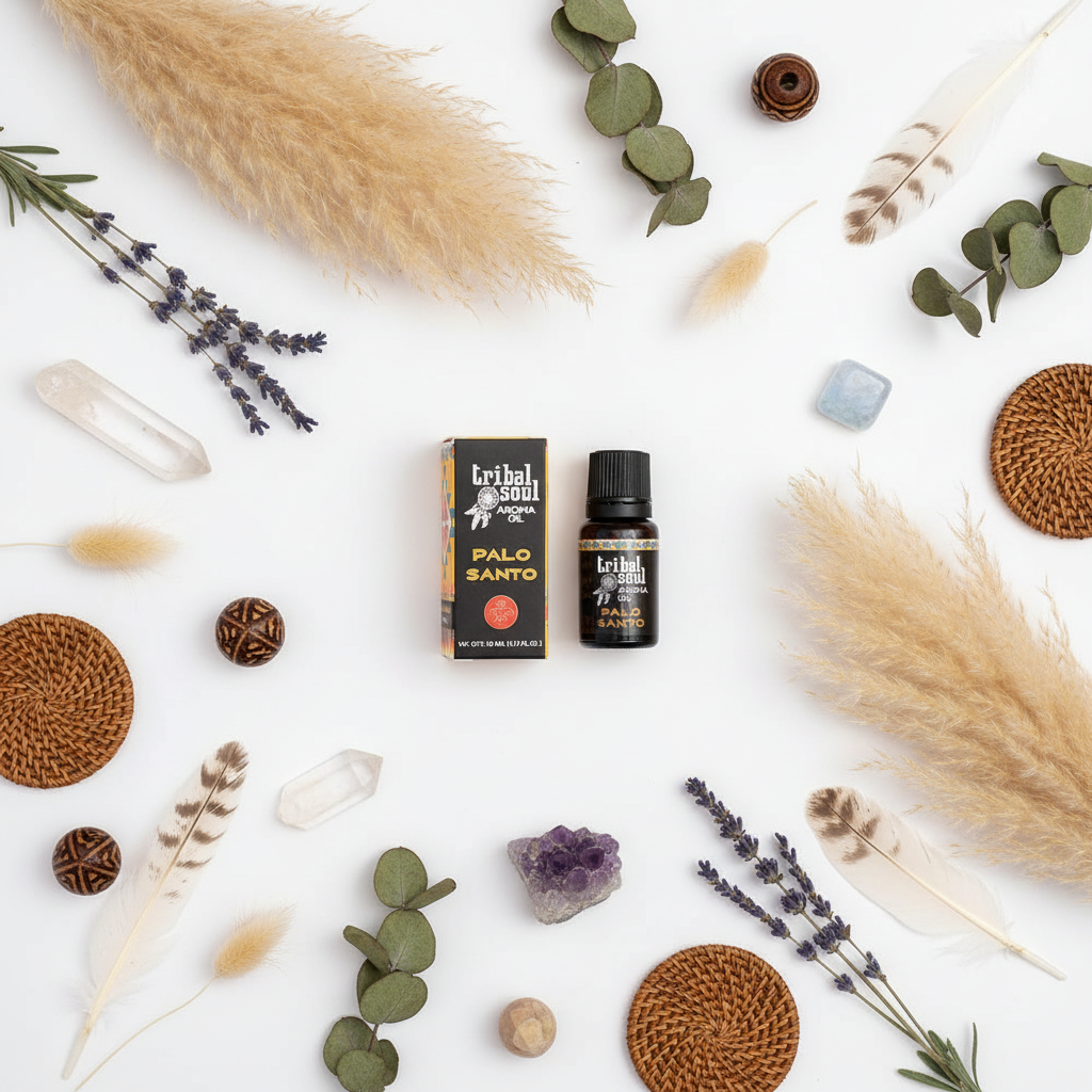 Flat lay boho con fiori e cristalli