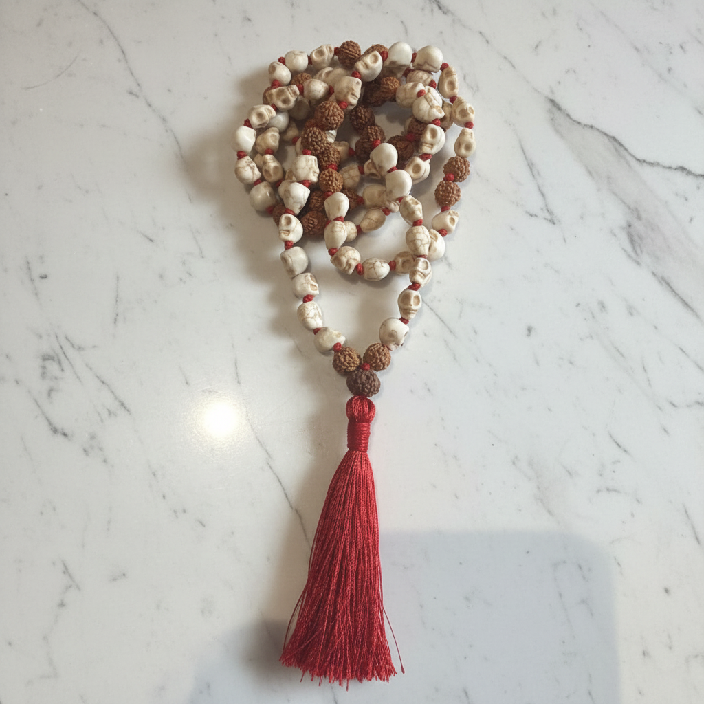 Japamala teschio howlite rudraksha - flatlay marmo bianco
