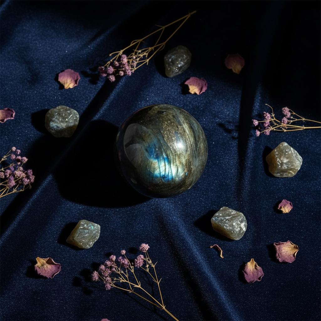 Sfera Labradorite flat lay velluto blu con labradorescenza