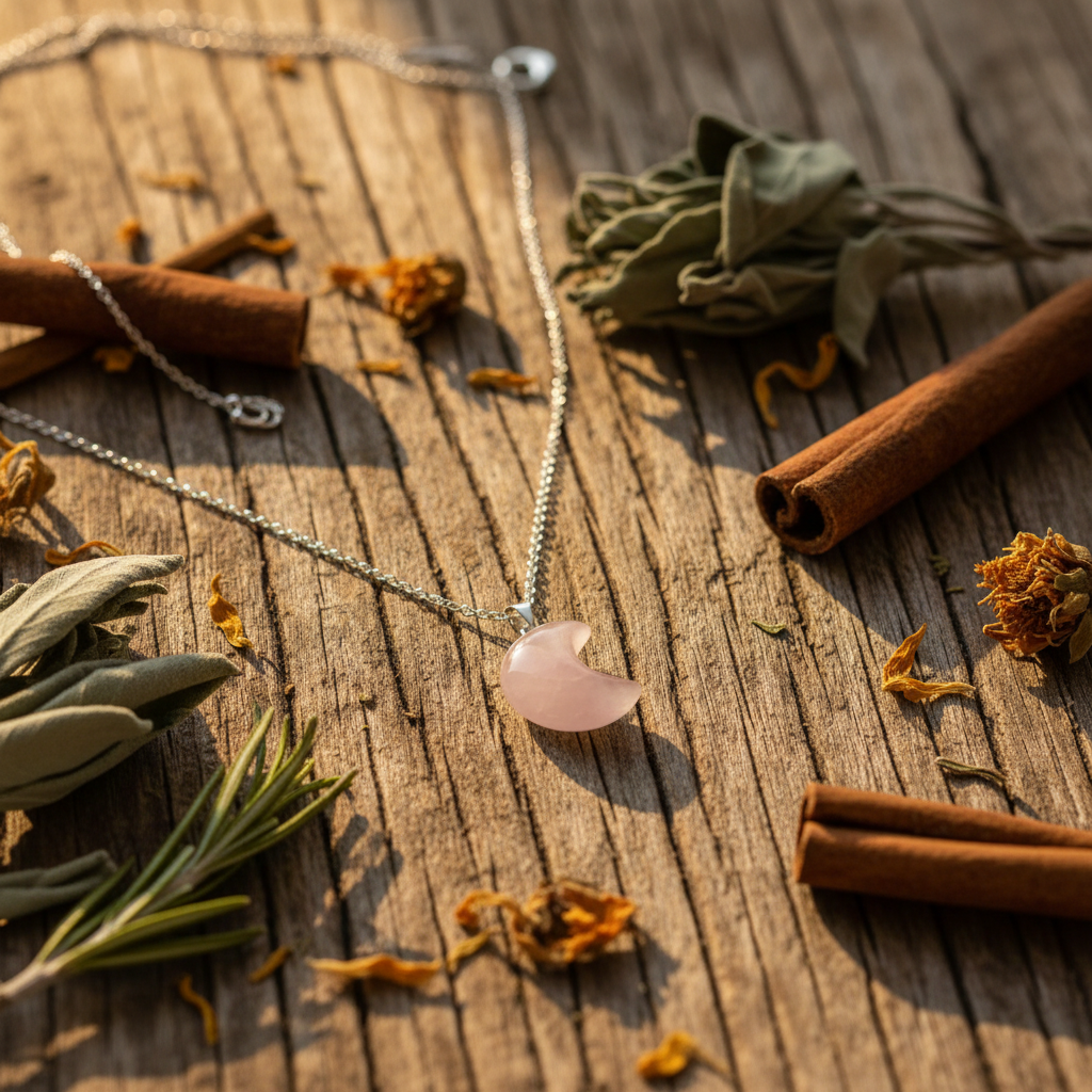 Collana Luna Quarzo Rosa - sfondo legno rustico