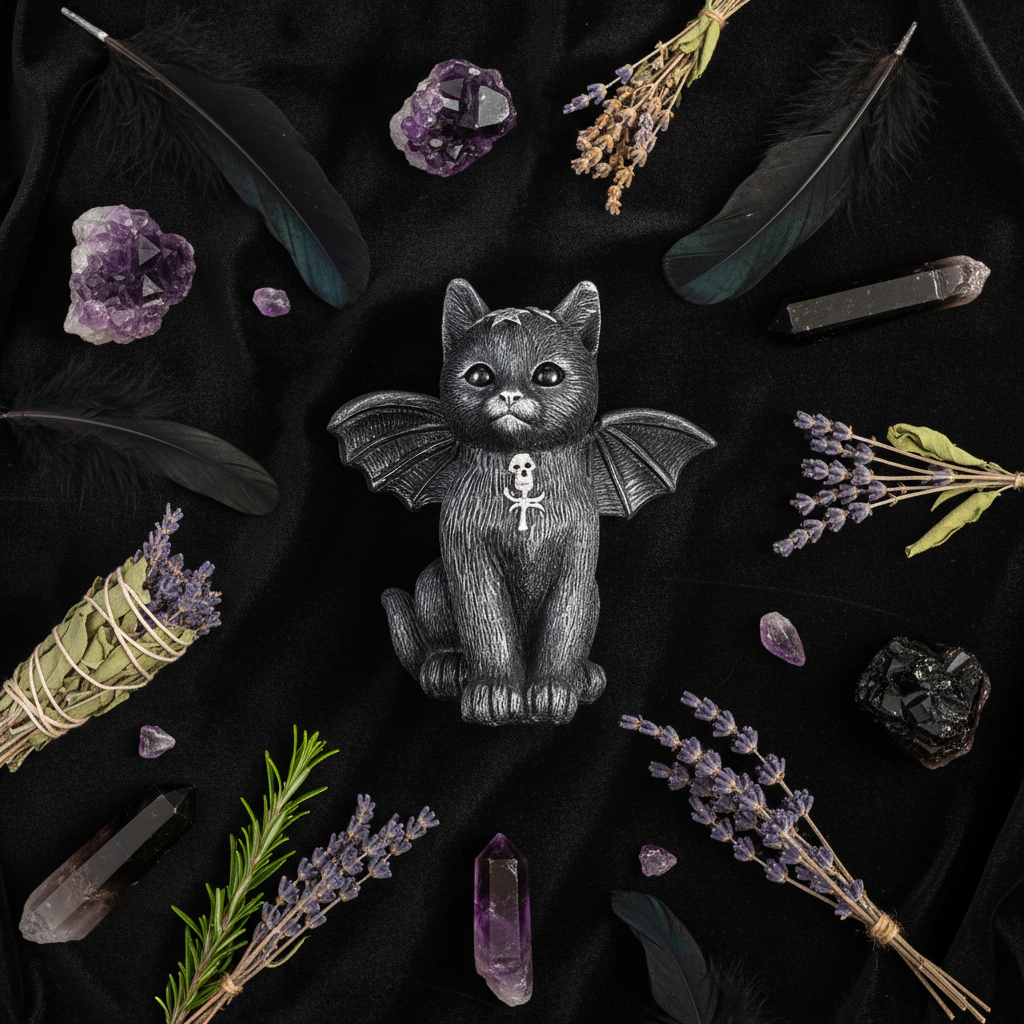 Statuina gatto Baphomet - composizione cristalli e velluto