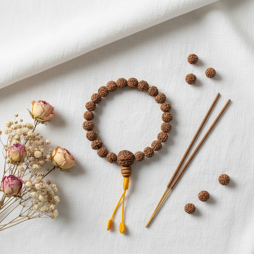 Mala da polso rudraksha - composizione con fiori e incenso